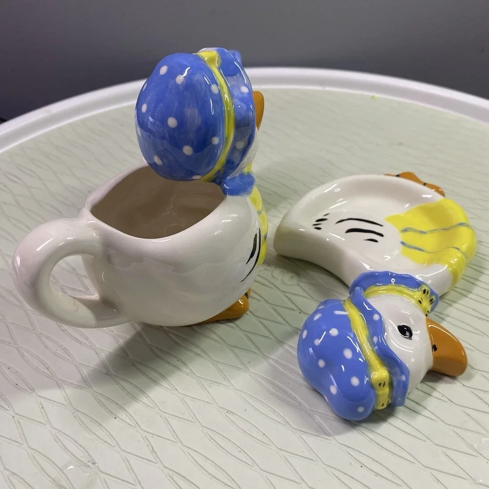 Vintage Set-4 Ceramic Ducks Wearing Bonnets. Creamer,Spoon Rest,Toothpick Holder